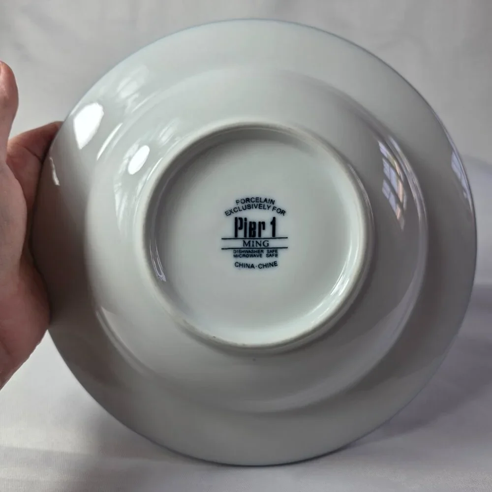 ONE Pier 1 Ming Rim Soup Bowl White with Blue Leaves and Flowers